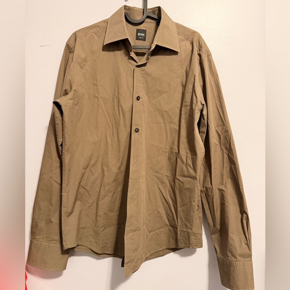 BOSS Hugo Boss Men’s Slim Fit Shirt - Tan Khaki Solid - Long Sleeve Size M